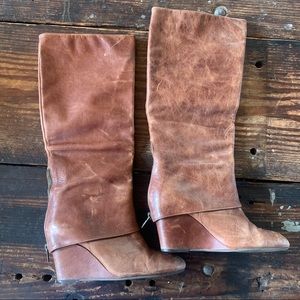 Steve Madden tall genuine cognac leather wedge boots zipper sz 6.5  worn Maryn